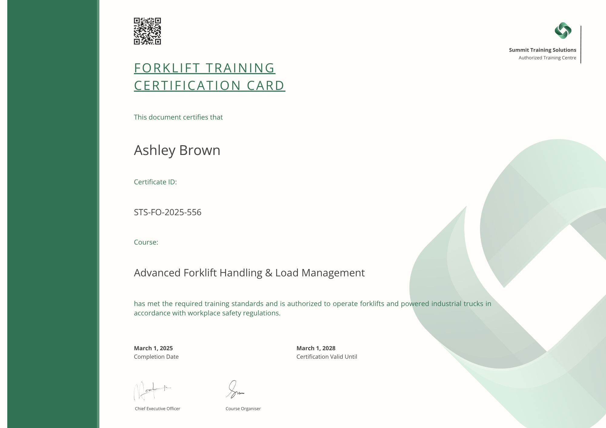 Green & Off-White Forklift Certification Card Template